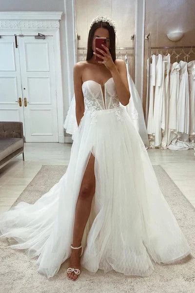 A-Line Sweetheart Detachable Long Sleeve Lace Applique With Side Slit Wedding Dress