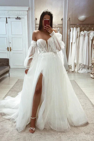 A-Line Sweetheart Detachable Long Sleeve Lace Applique With Side Slit Wedding Dress