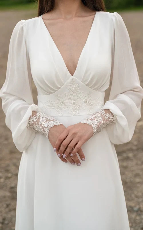 A-Line Floor Chiffon Long Sleeve Wedding Dress with Sequins and Train