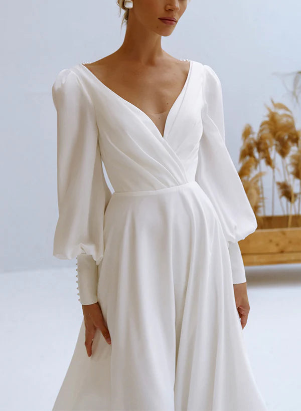 A-Line V-Neck Long Sleeves Chiffon Wedding Dresses With Beading