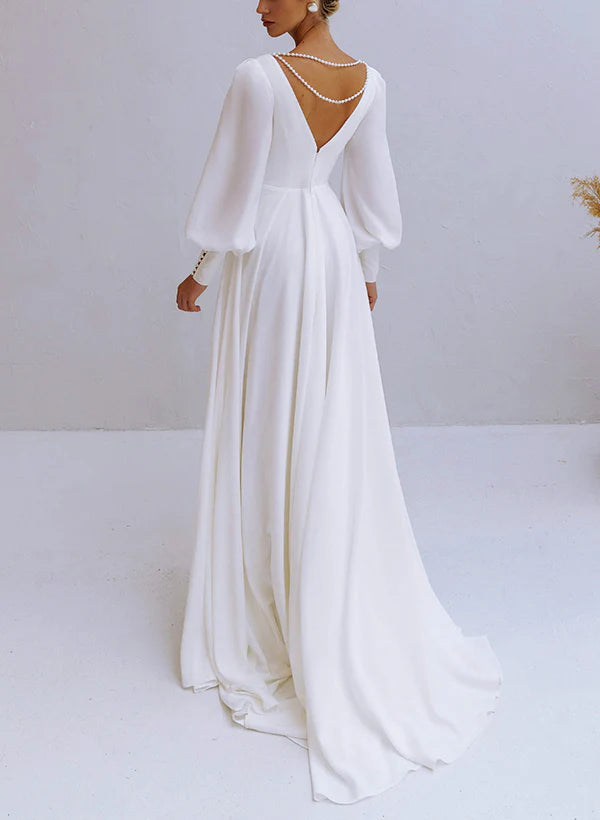 A-Line V-Neck Long Sleeves Chiffon Wedding Dresses With Beading