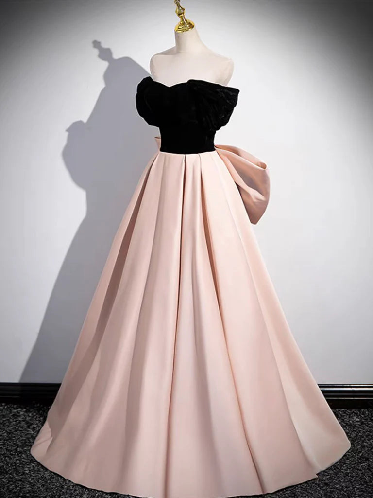 A-Line Off Shoulder Satin Champagne Long Prom Dress