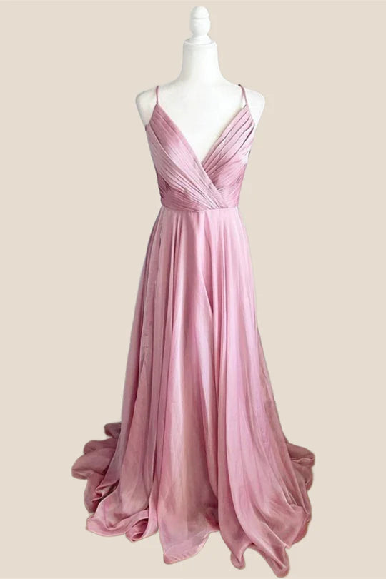 Pleated Pink V Neck Satin Long Prom Dress