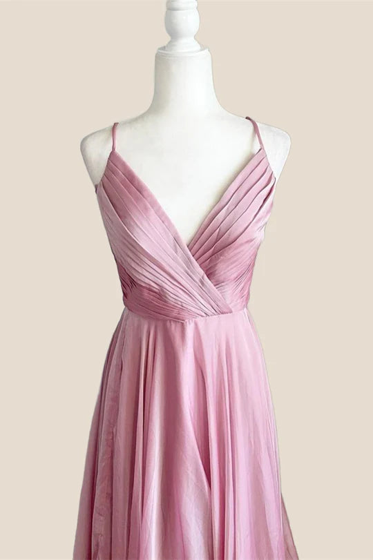 Pleated Pink V Neck Satin Long Prom Dress