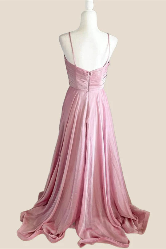 Pleated Pink V Neck Satin Long Prom Dress