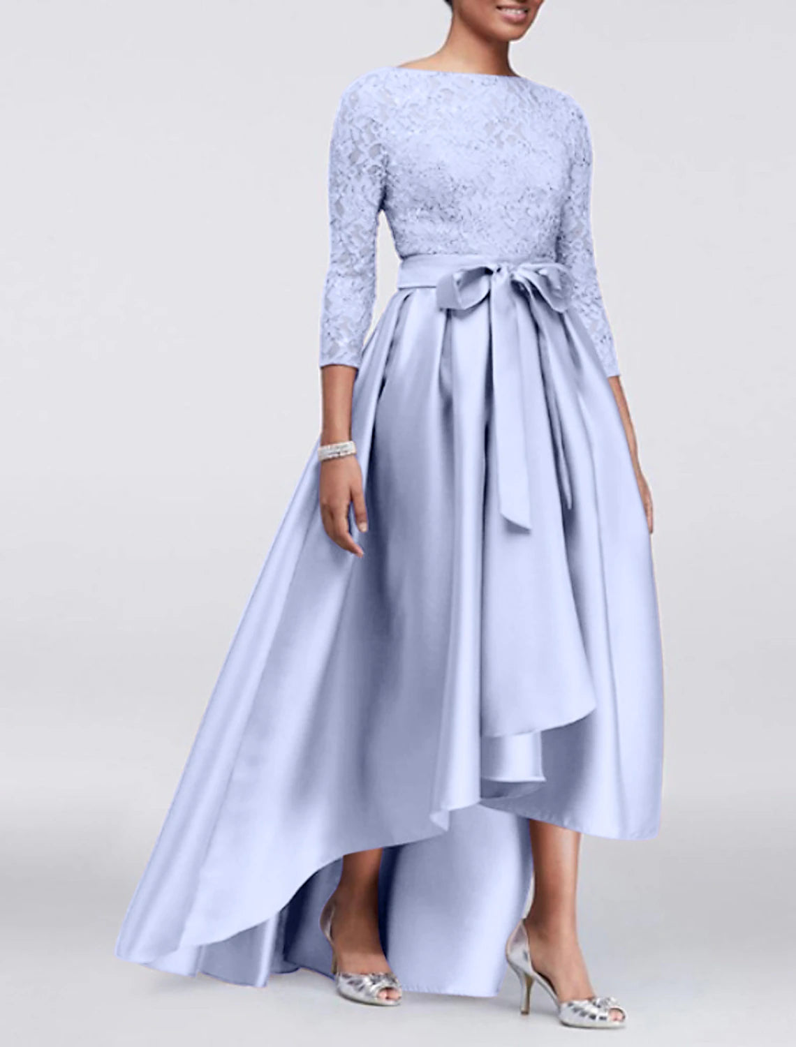 A-Line Mother of the Bride Dress Fall Wedding Guest Plus Size Elegant High Low Jewel Neck Asymmetrical Satin Lace 3/4 Length Sleeve with Sash / Ribbon Appliques