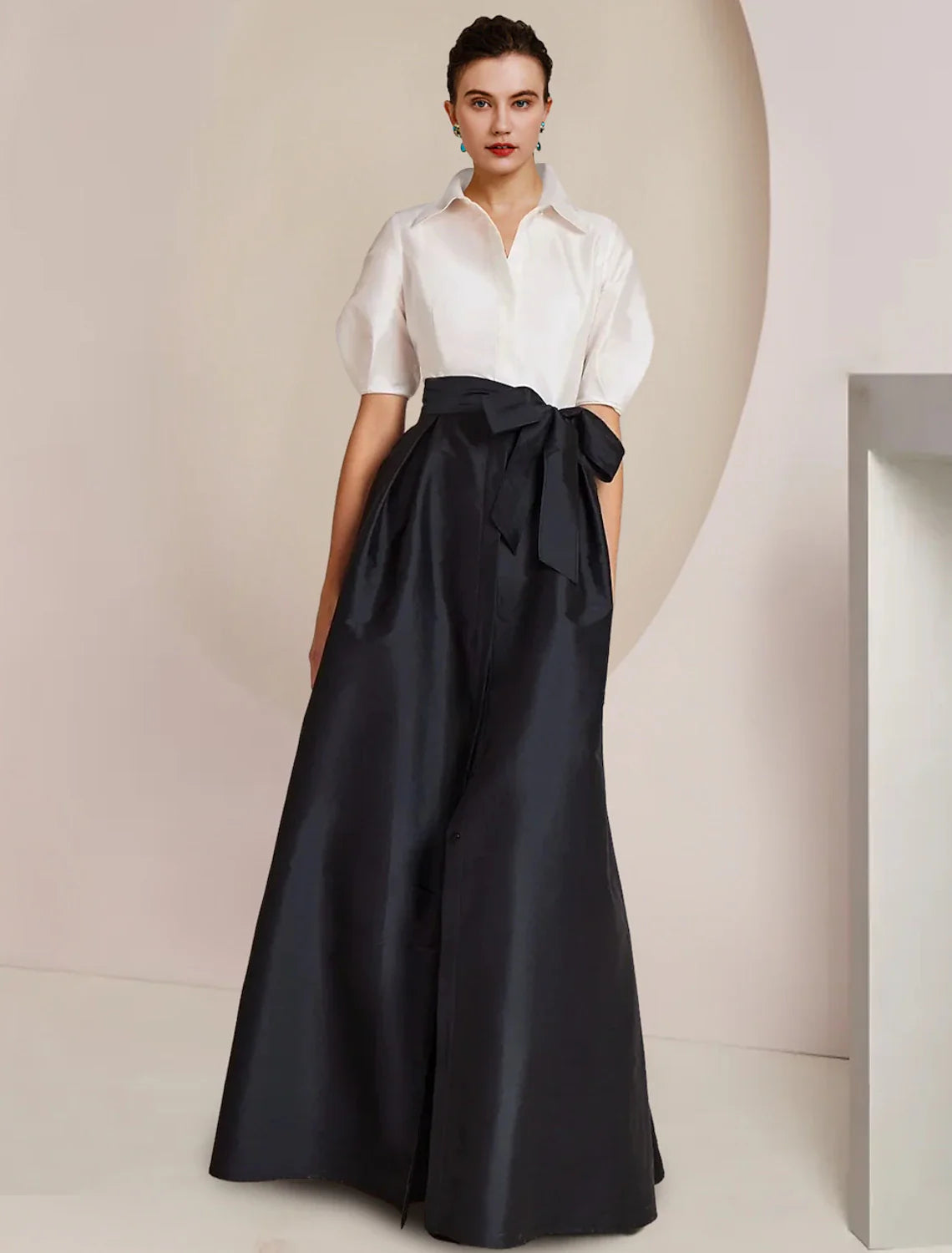DingjiA-Line Mother of the Bride Dress Formal Wedding Guest Party Elegant Shirt Collar Floor Length Taffeta Short Sleeve with Bow(s) Color Block