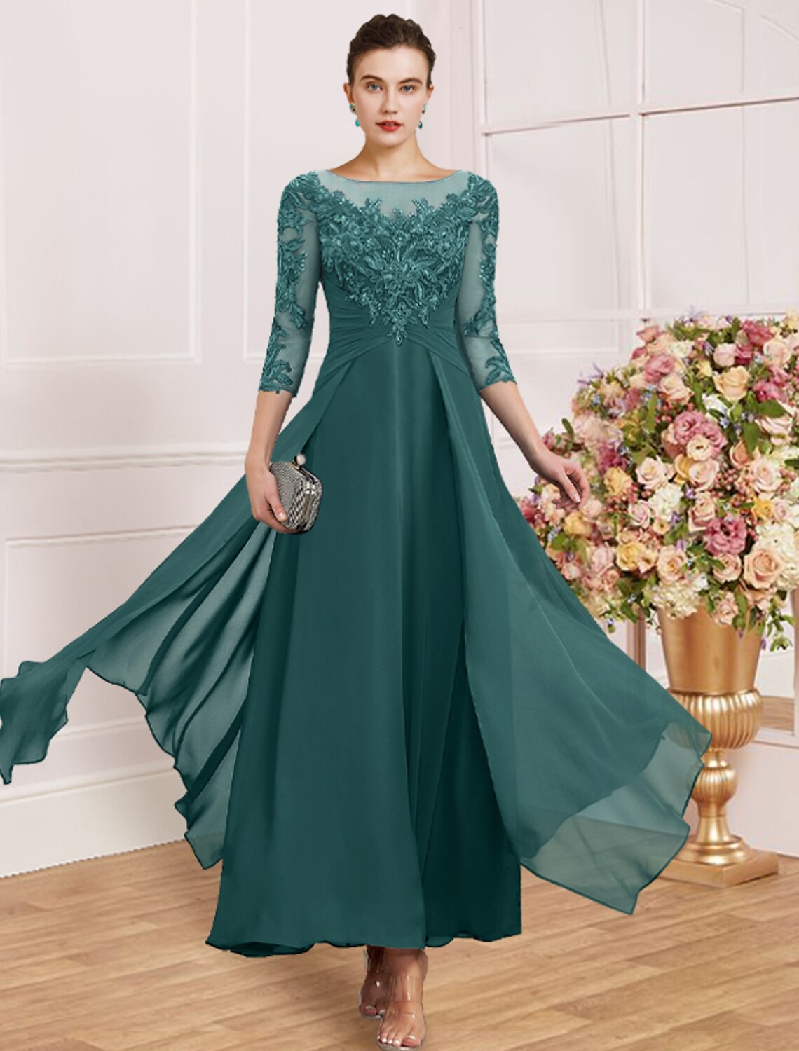 Sheath / Column Mother of the Bride Dress Wedding Guest Simple Elegant Jewel Neck Ankle Length Chiffon Lace 3/4 Length Sleeve with Pleats Sequin