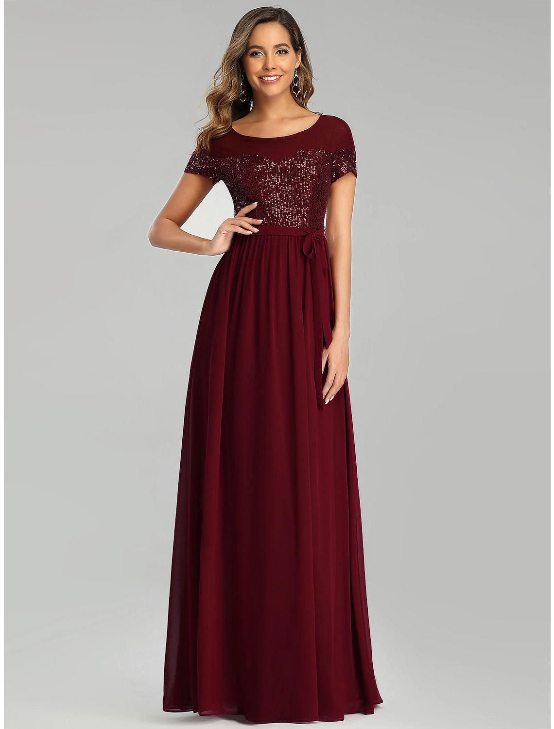 A-Line Bridesmaid Dress Jewel Neck Short Sleeve Elegant Floor Length Chiffon with Sash / Ribbon / Sequin / Sparkle & Shine