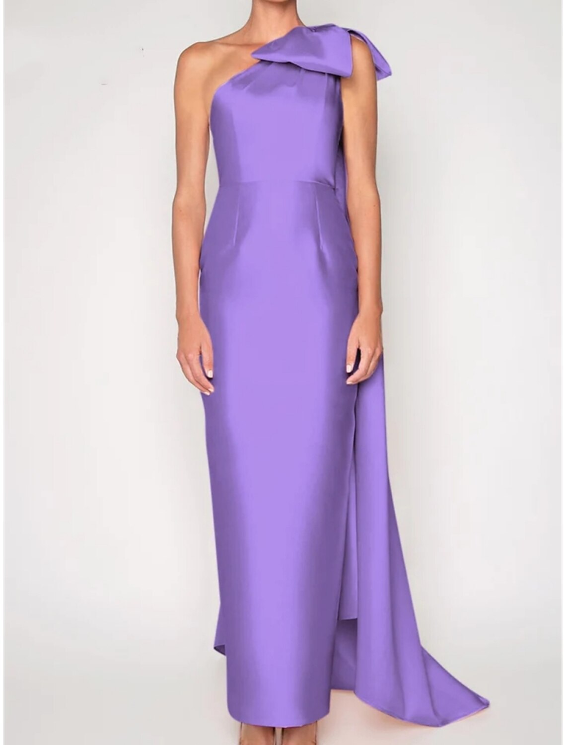 Sheath Satin Evening Gown Elegant Red Green Dress Dress Formal Sweep / Brush Train Sleeveless One Shoulder with Shouder Flower