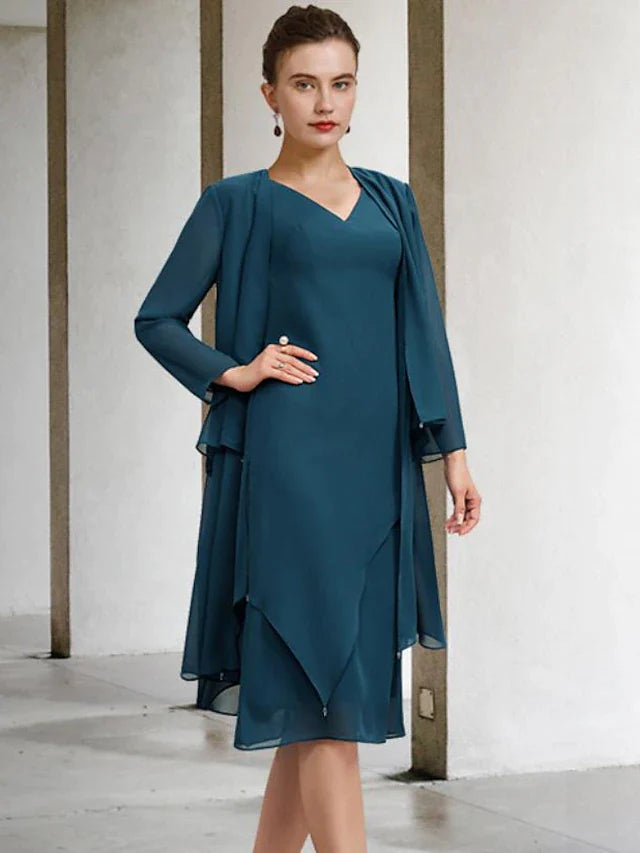 DingjiTwo Piece Sheath / Column Mother of the Bride Dress Church Vintage Elegant V Neck Knee Length Chiffon Sleeveless Wrap Included Jacket Dresses with Draping Tier