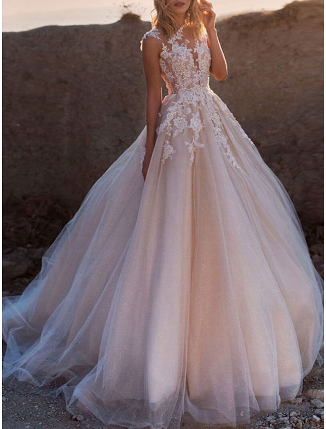 Formal Wedding Dresses Ball Gown Illusion Neck Cap Sleeve Court Train Lace Bridal Gowns With Buttons Appliques