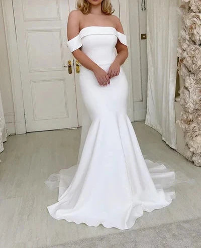 Off the Shoulder Ivory Satin Mermaid Wedding Dress