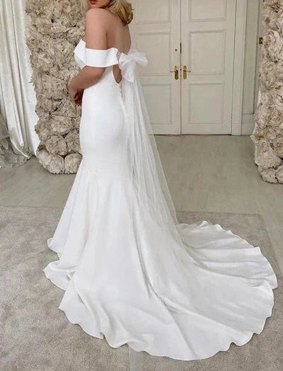 Off the Shoulder Ivory Satin Mermaid Wedding Dress
