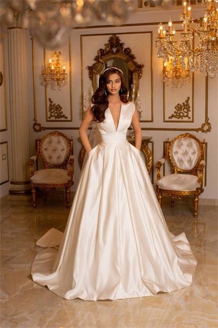 Ivory A-line V-neck Satin Sleeveless Wedding Dresses With Train