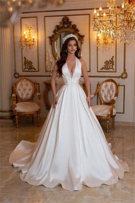 Ivory A-line V-neck Sleeveless Satin Wedding Dresses