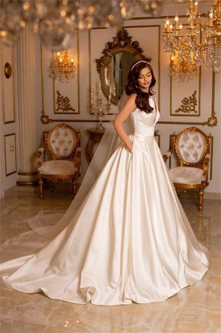 Ivory A-line V-neck Satin Sleeveless Wedding Dresses With Train