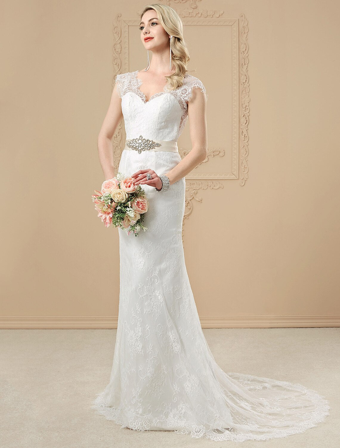 Wedding Dresses Mermaid / Trumpet V Neck Cap Sleeve Court Train All Over Lace Bridal Gowns With Crystals Beading