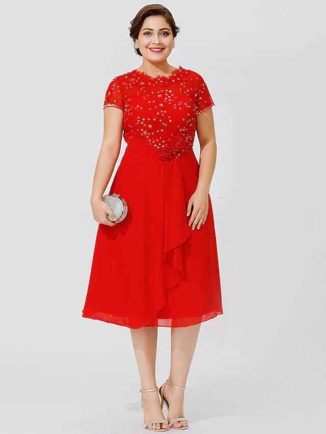 A-Line Mother of the Bride Dress Elegant & Luxurious Beautiful Back Plus Size Jewel Neck Knee Length Chiffon Beaded Lace Short Sleeve No with Pleats Beading Flower