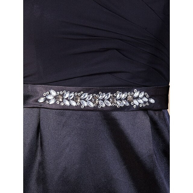 Sheath / Column Mother of the Bride Dress Queen Anne Floor Length Chiffon Stretch Satin Long Sleeve with Sash / Ribbon Beading Side Draping