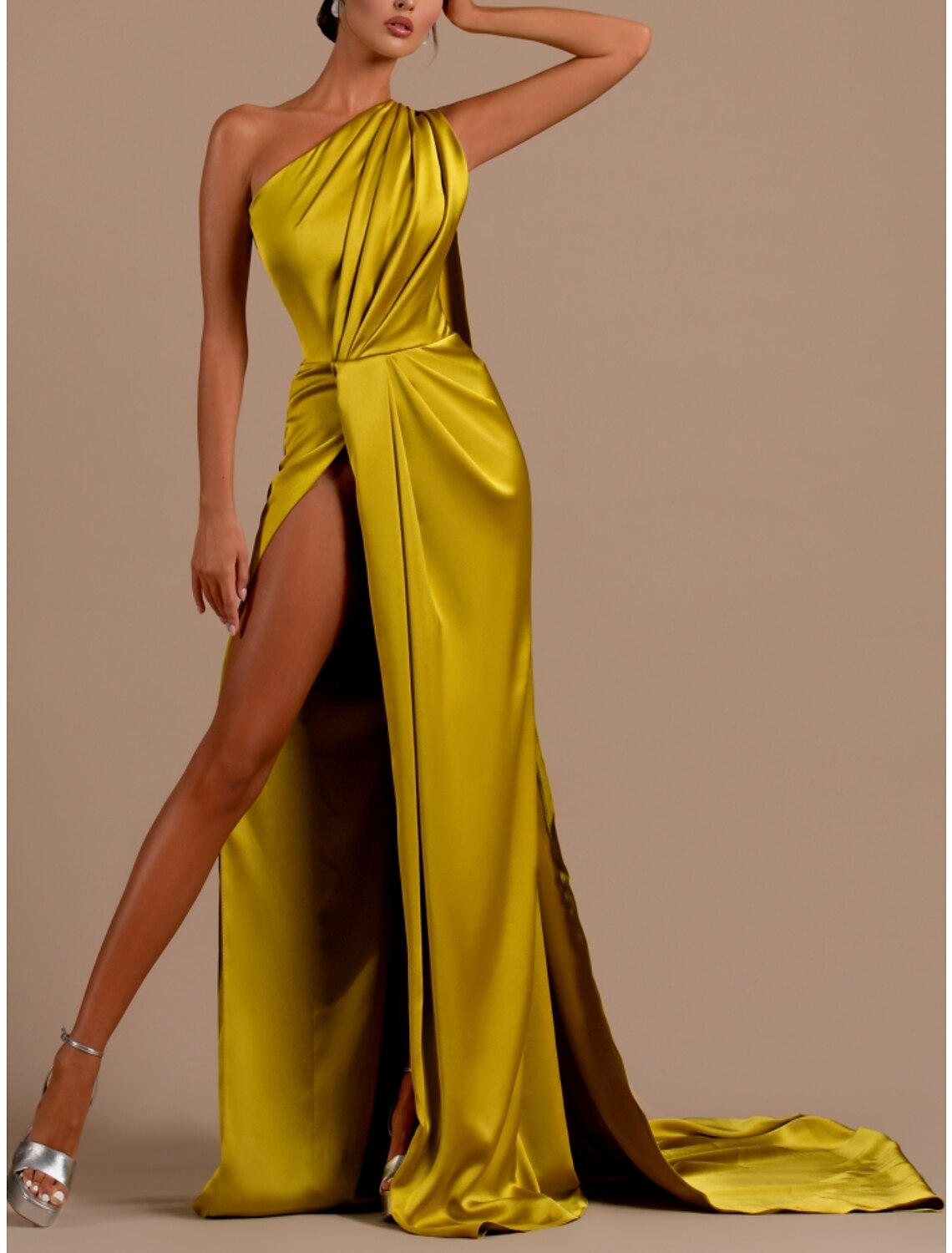 Sheath / Column Evening Gown Elegant Dress Formal Court Train Christmas Red Green Dress Sleeveless One Shoulder Satin with Pleats Slit