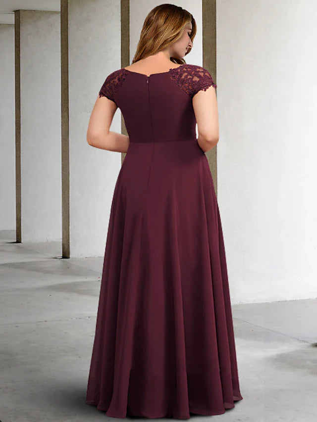 A-Line Plus Size Curve Mother of the Bride Dresses Elegant Dress Formal Floor Length Short Sleeve Jewel Neck Chiffon with Pleats Appliques