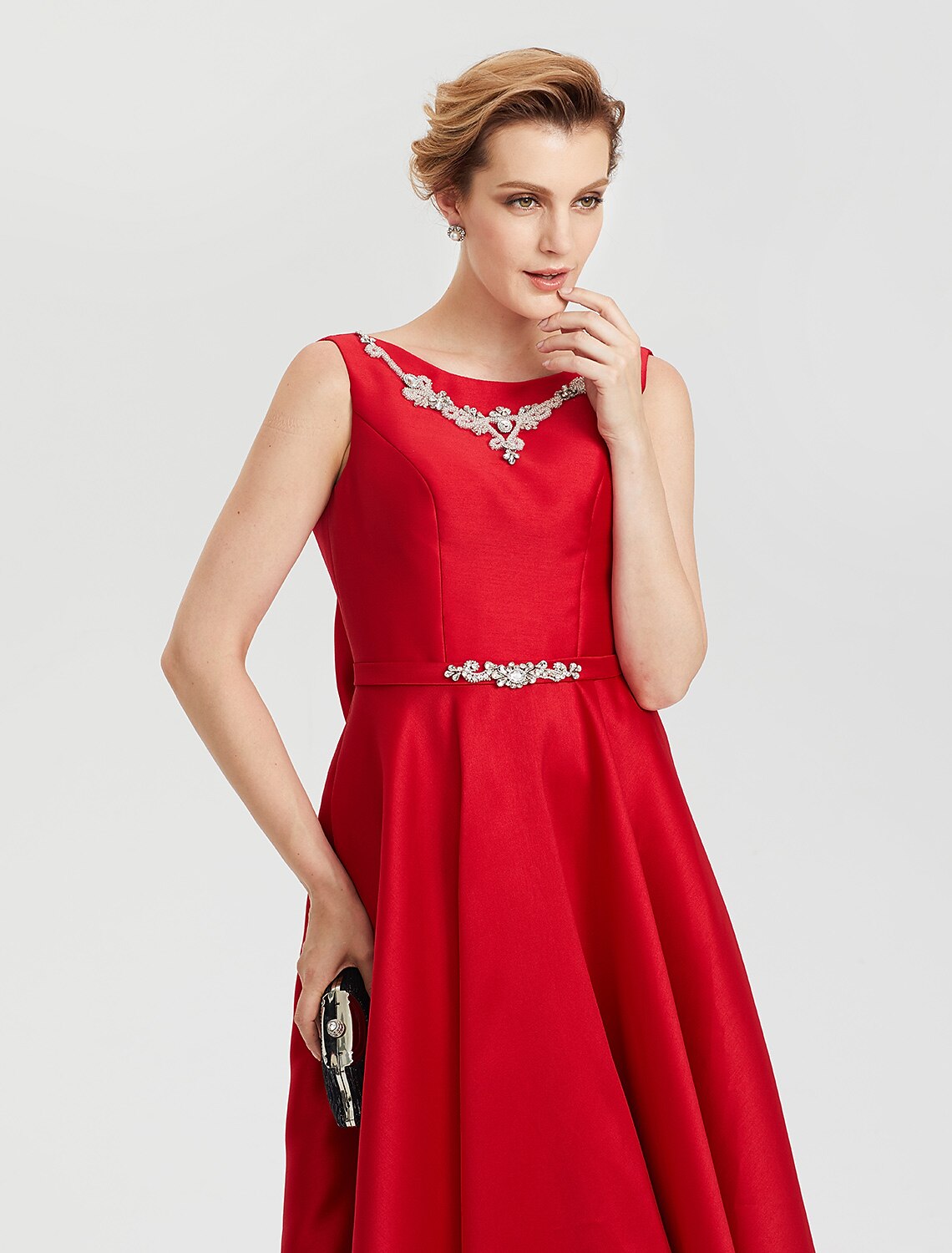 A-Line Elegant Open Back Evening Party Formal Dress Jewel Neck Sleeveless Tea Length Satin with Rhinestone Crystal Sash / Ribbon