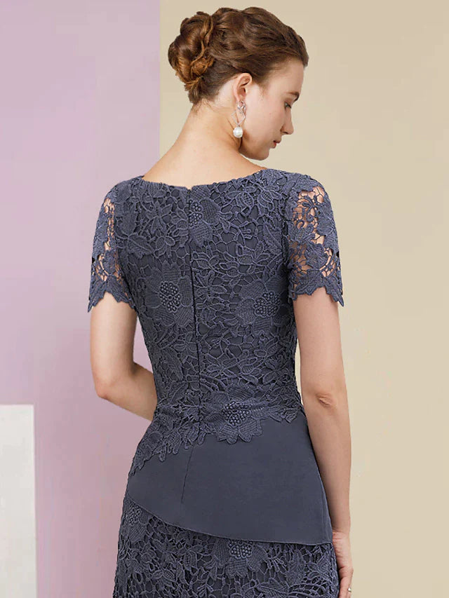 Two Piece Sheath / Column Mother of the Bride Dress Formal Wedding Guest Vintage Elegant Scoop Neck Jewel Neck Knee Length Chiffon Lace Short Sleeve Jacket Dresses with Tier Appliques