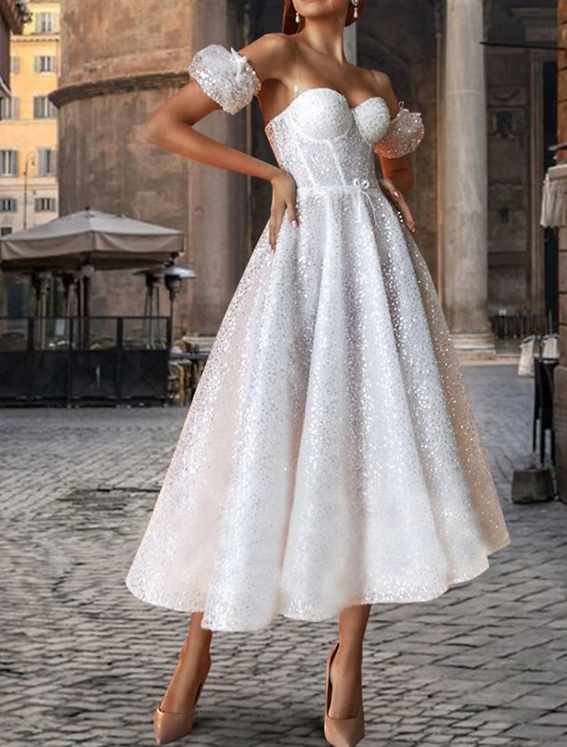 Reception Little White Dresses Wedding Dresses A-Line Sweetheart Strapless Short Sleeve Tea Length Sequined Bridal Gowns With Bow(s) Sequin