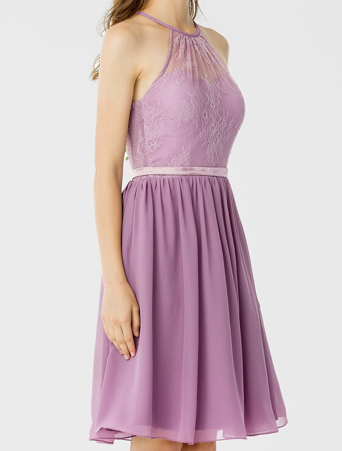 DingjiA-Line / Princess Halter Neck Knee Length Chiffon / Corded Lace Bridesmaid Dress with Sash / Ribbon / Pleats