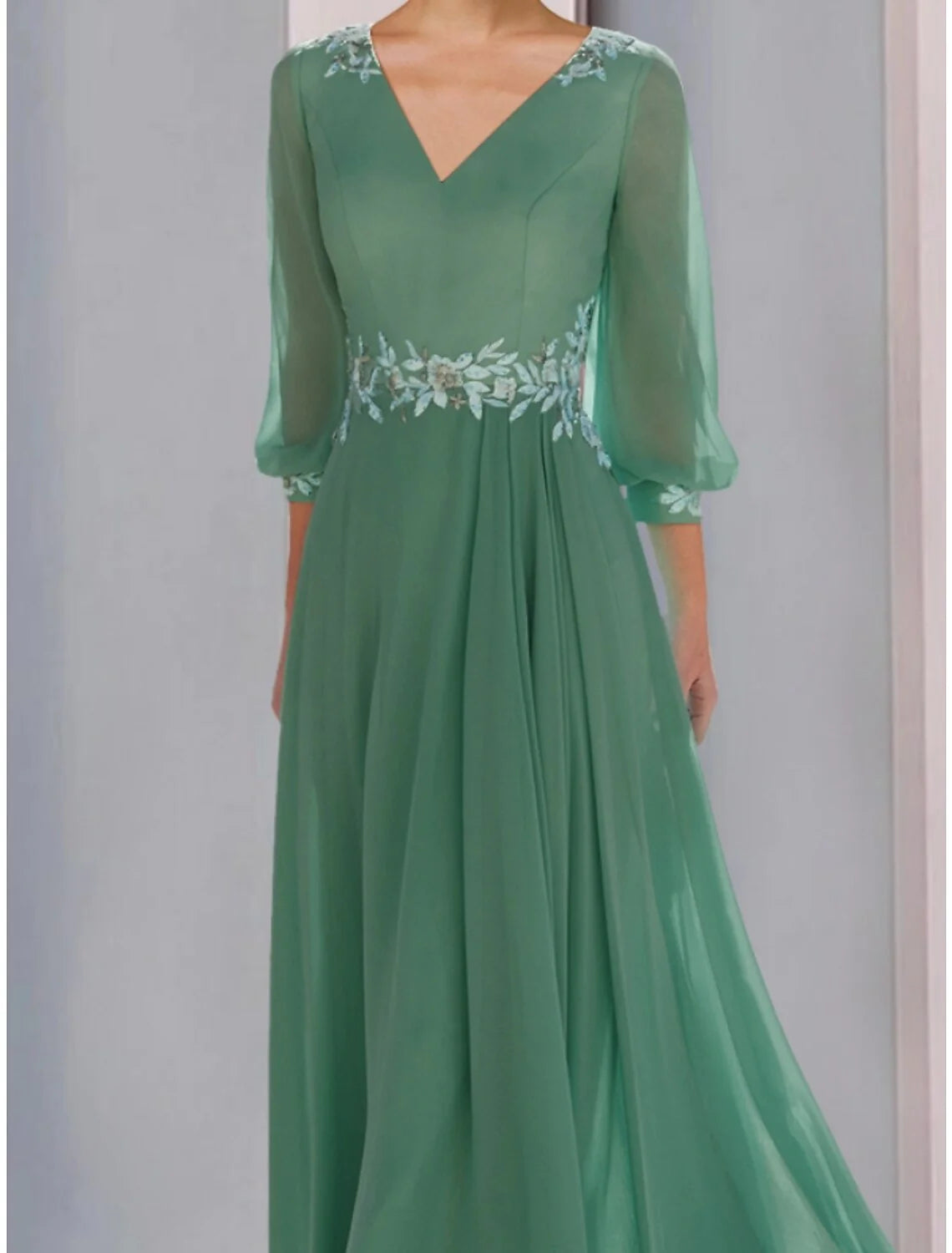 A-Line Mother of the Bride Dress Wedding Guest Elegant V Neck Ankle Length Chiffon Lace 3/4 Length Sleeve with Ruching Solid Color