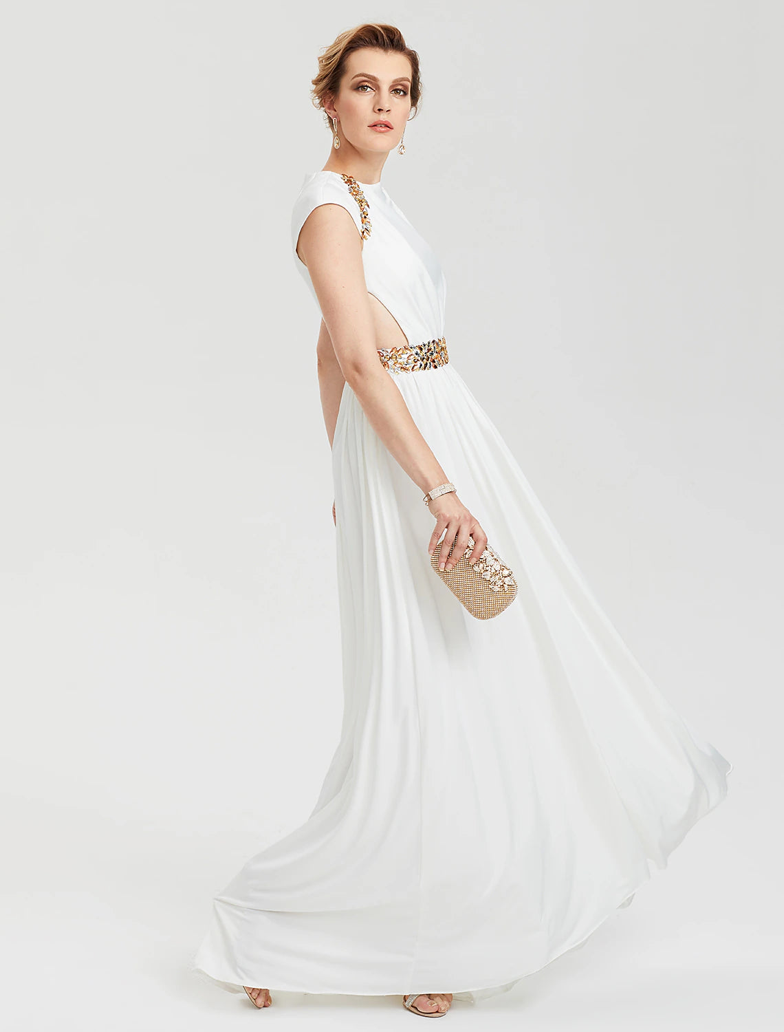 Sheath / Column Celebrity Style Cut Out Formal Evening Dress Crew Neck Short Sleeve Asymmetrical Jersey with Beading