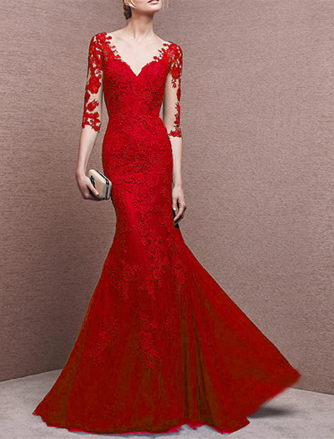 Mermaid / Trumpet Evening Gown Elegant Dress Formal Wedding Guest Floor Length Half Sleeve V Neck Tulle with Buttons Appliques