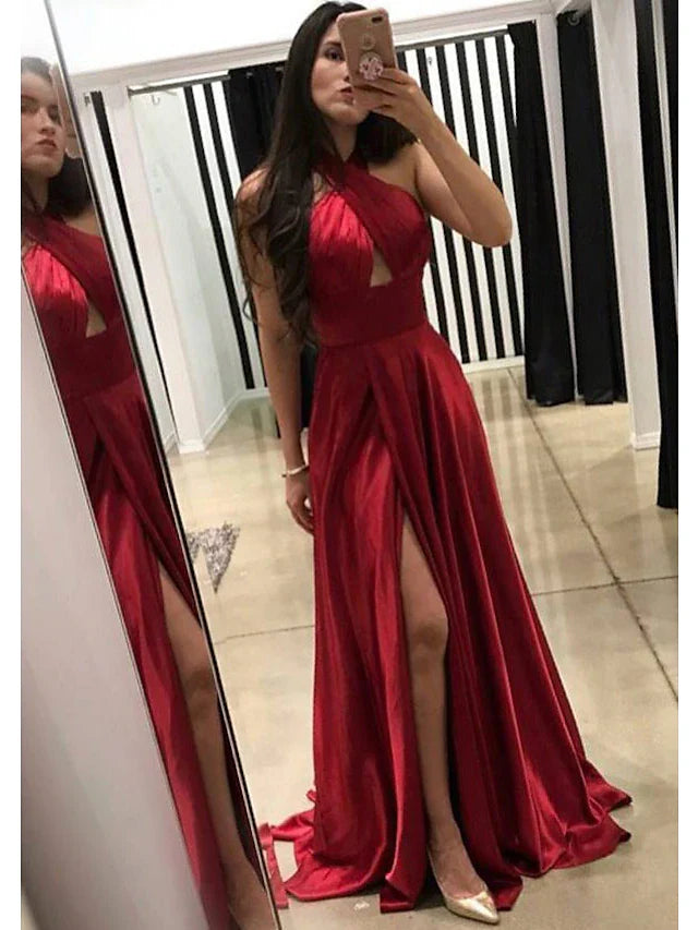 A-Line Prom Dresses Sexy Dress Formal Court Train Sleeveless High Neck Imitation Silk Backless with Pleats