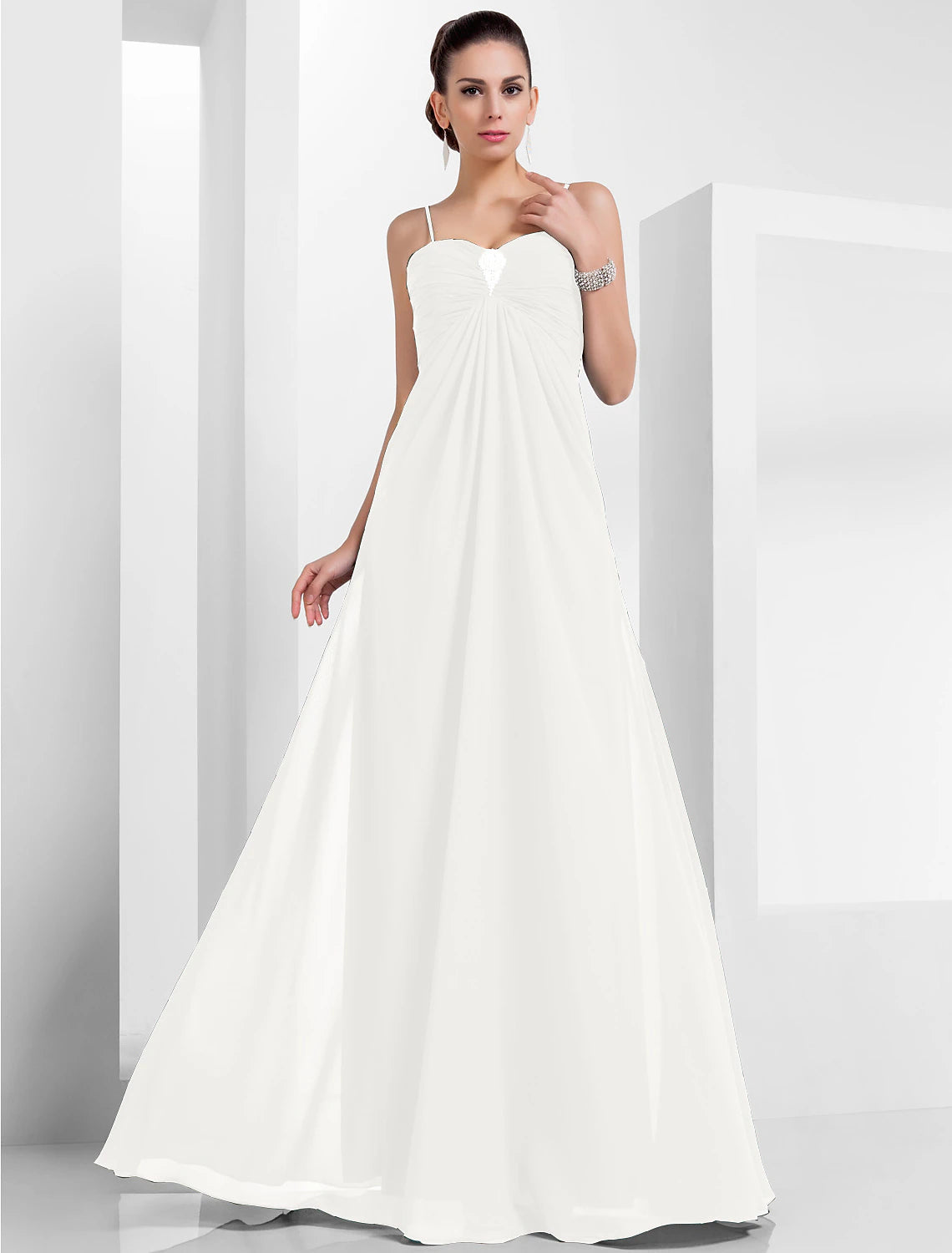 A-Line Empire Holiday Formal Evening Dress Spaghetti Strap Sleeveless Floor Length Chiffon with Crystals