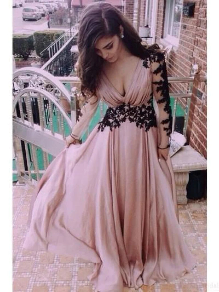 Mauve Chiffon Long Sleeves V Back Wedding Prom Evening Party Dress