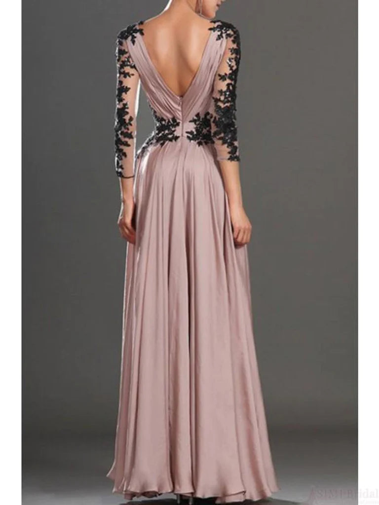 Mauve Chiffon Long Sleeves V Back Wedding Prom Evening Party Dress