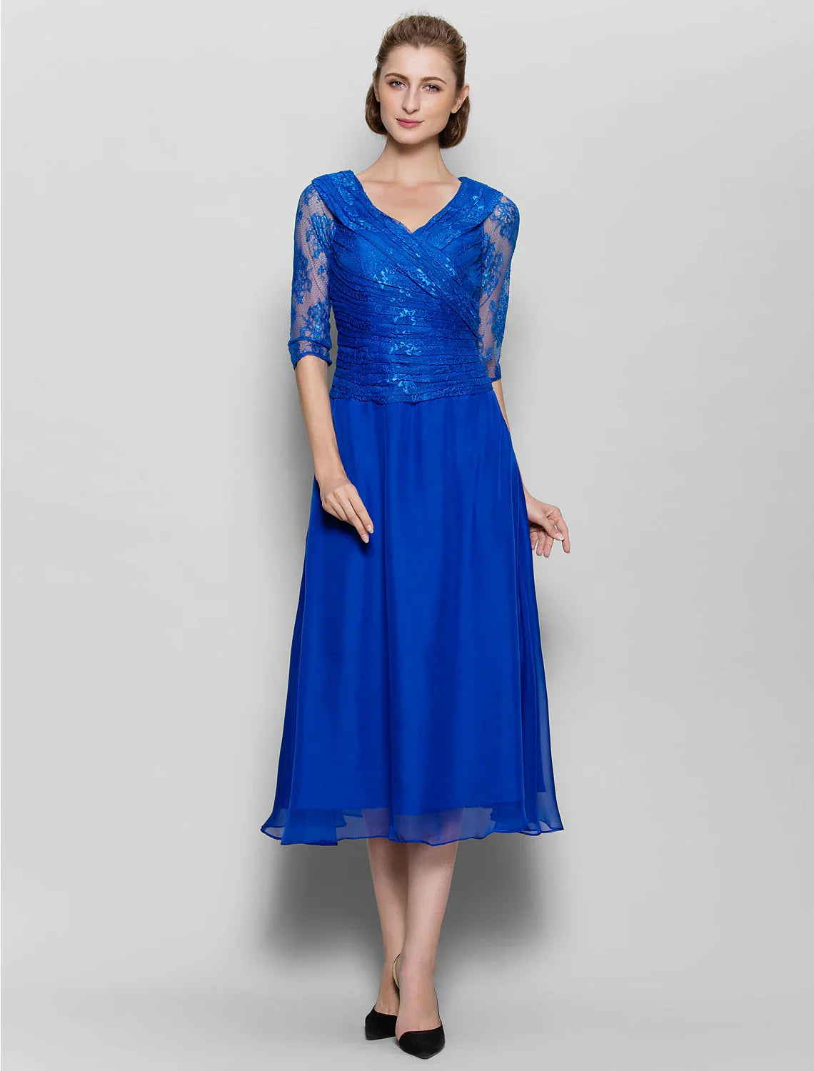 DingjiA-Line Mother of the Bride Dress Plus Size Elegant V Neck Tea Length Chiffon Lace Half Sleeve No with Lace Criss Cross Ruched
