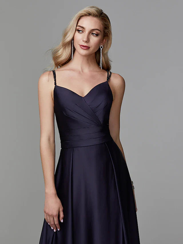 A-Line Prom Dresses Beautiful Back Dress Evening Party Floor Length Sleeveless Spaghetti Strap Satin Crisscross Back with Beading Side Draping