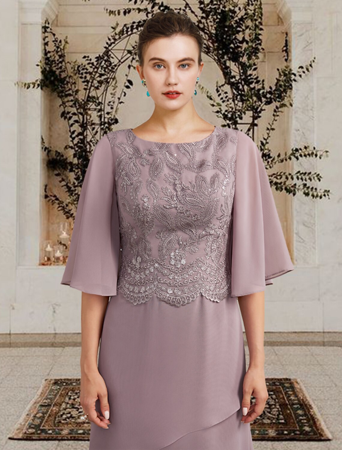 Sheath / Column Mother of the Bride Dress Plus Size Elegant Jewel Neck Floor Length Chiffon Lace Short Sleeve with Ruffles Appliques