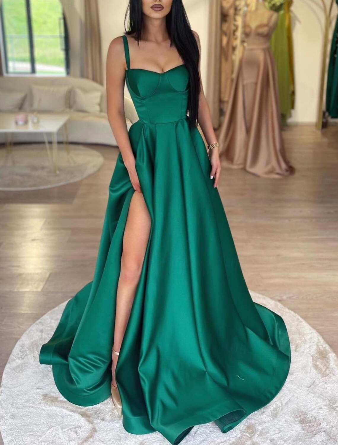A-Line Prom Dresses High Waisted Dress Formal Wedding Guest Floor Length Sleeveless Scoop Neck Satin with Slit Pocket
