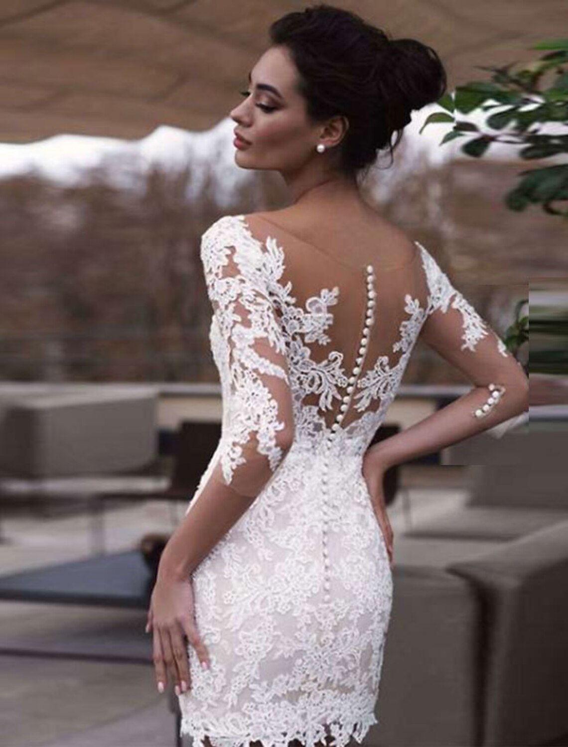 Reception Little White Dresses Wedding Dresses Sheath / Column Illusion Neck Half Sleeve Short / Mini Lace Bridal Gowns With Appliques Summer Wedding Party