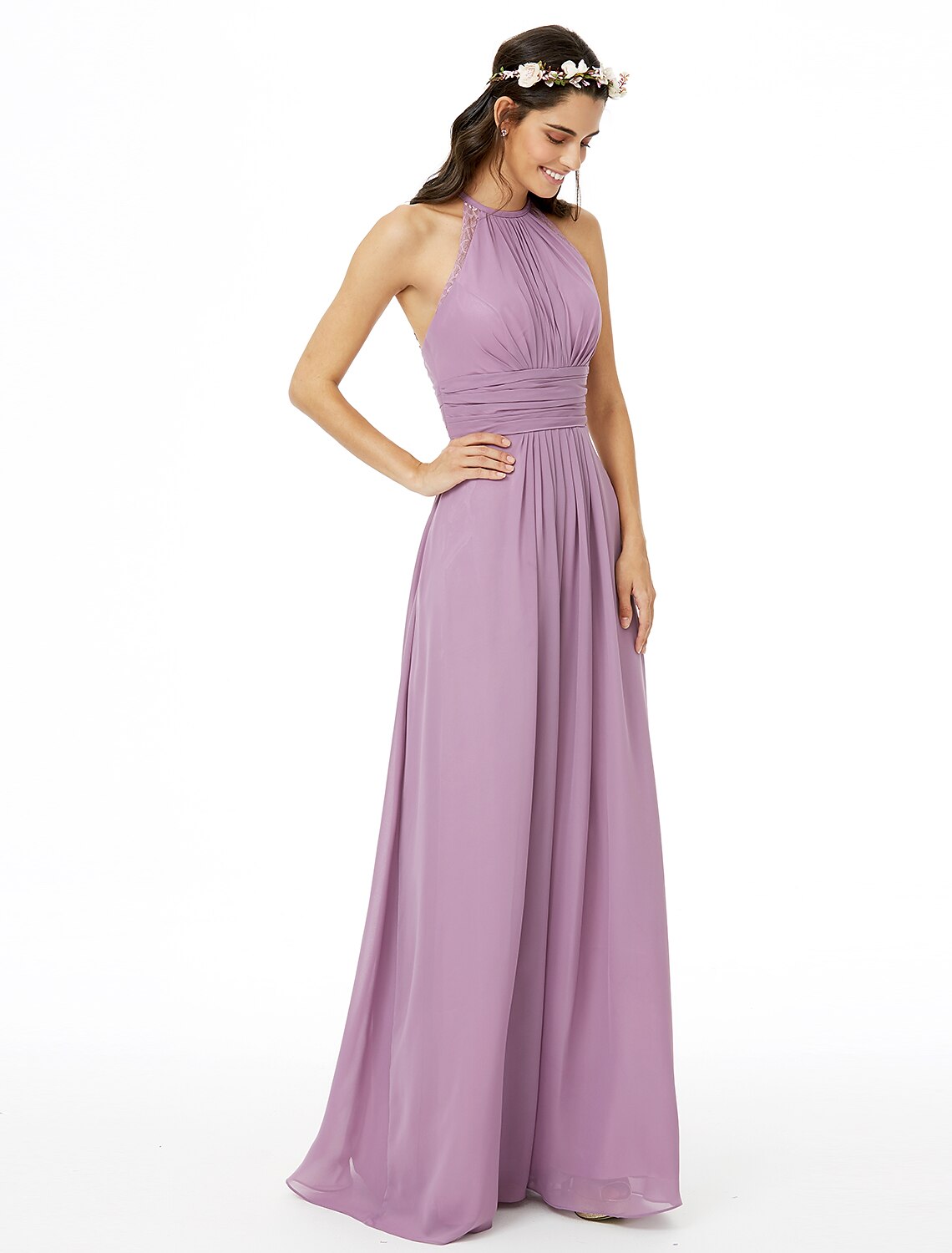 Sheath / Column Bridesmaid Dress Jewel Neck Sleeveless Beautiful Back Floor Length Chiffon with Lace / Sash / Ribbon / Pleats