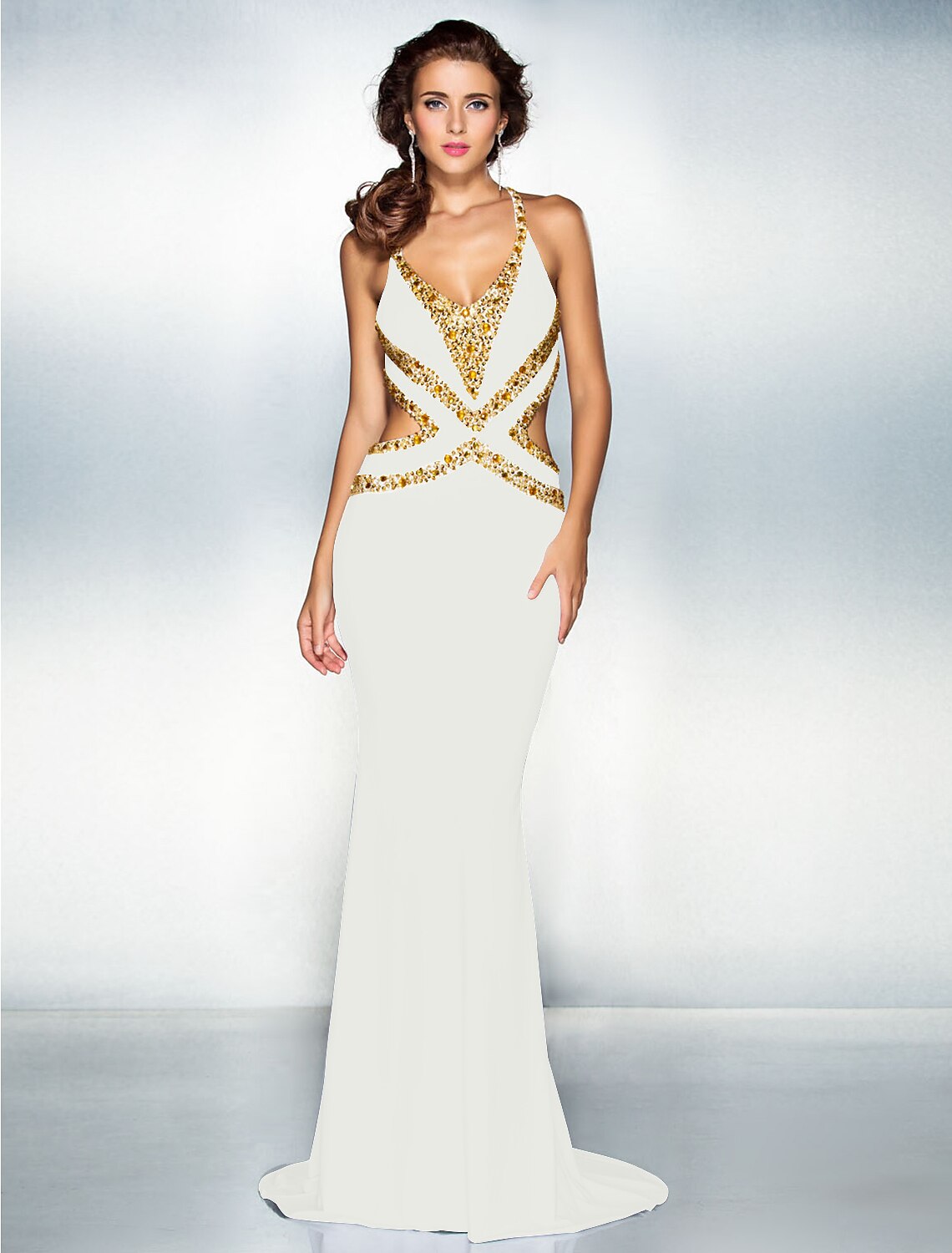 Mermaid / Trumpet Sparkle Dress Wedding Guest Engagement Sweep / Brush Train Sleeveless V Neck Jersey Crisscross Back with Crystals