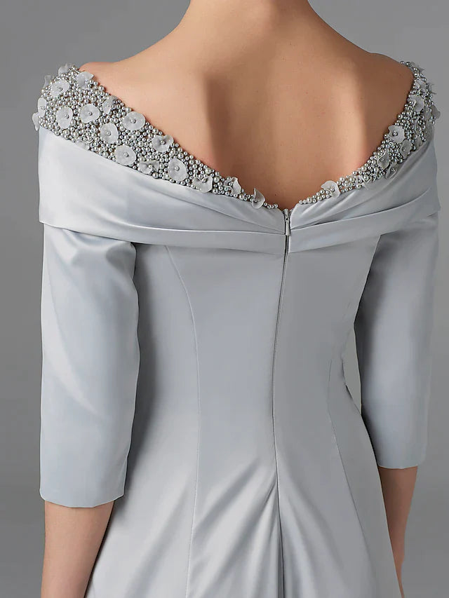 A-Line Mother of the Bride Dress Sparkle & Shine High Low Off Shoulder Asymmetrical Satin Half-Sleeve with Lace Crystals