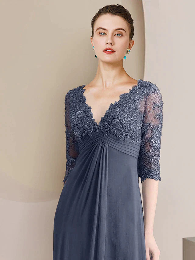 A-Line Mother of the Bride Dress Formal Elegant V Neck Court Train Chiffon Lace Half Sleeve with Ruched Appliques