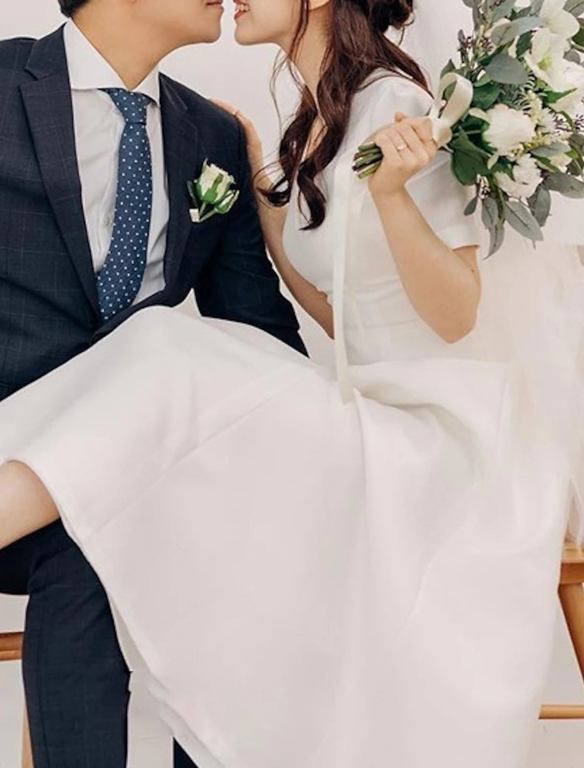 Reception Little White Dresses Wedding Dresses A-Line V Neck Short Sleeve Ankle Length Satin Bridal Gowns With Pleats