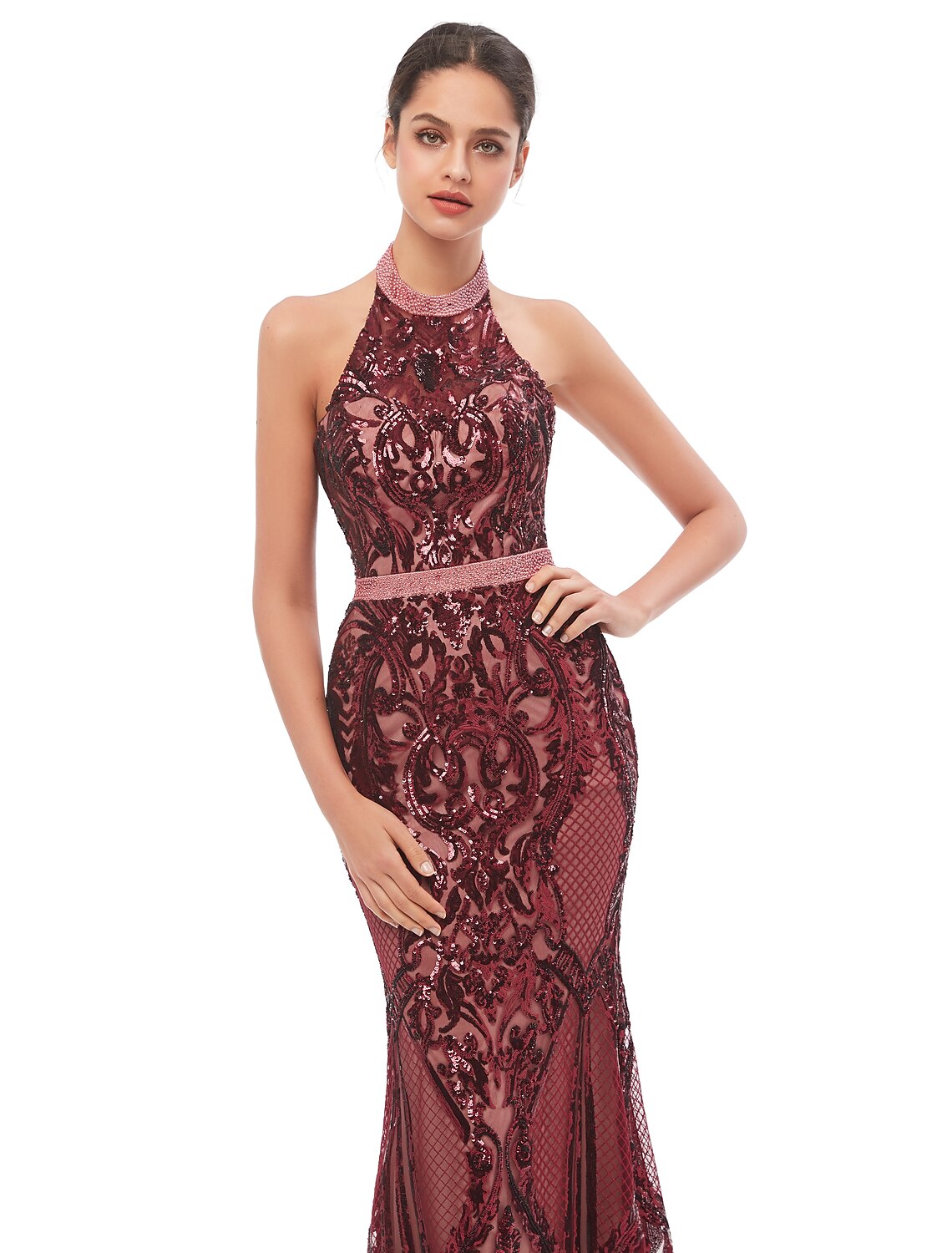 Mermaid / Trumpet Evening Gown Beautiful Back Dress Prom Formal Evening Floor Length Sleeveless Halter Neck Sequined with Sequin