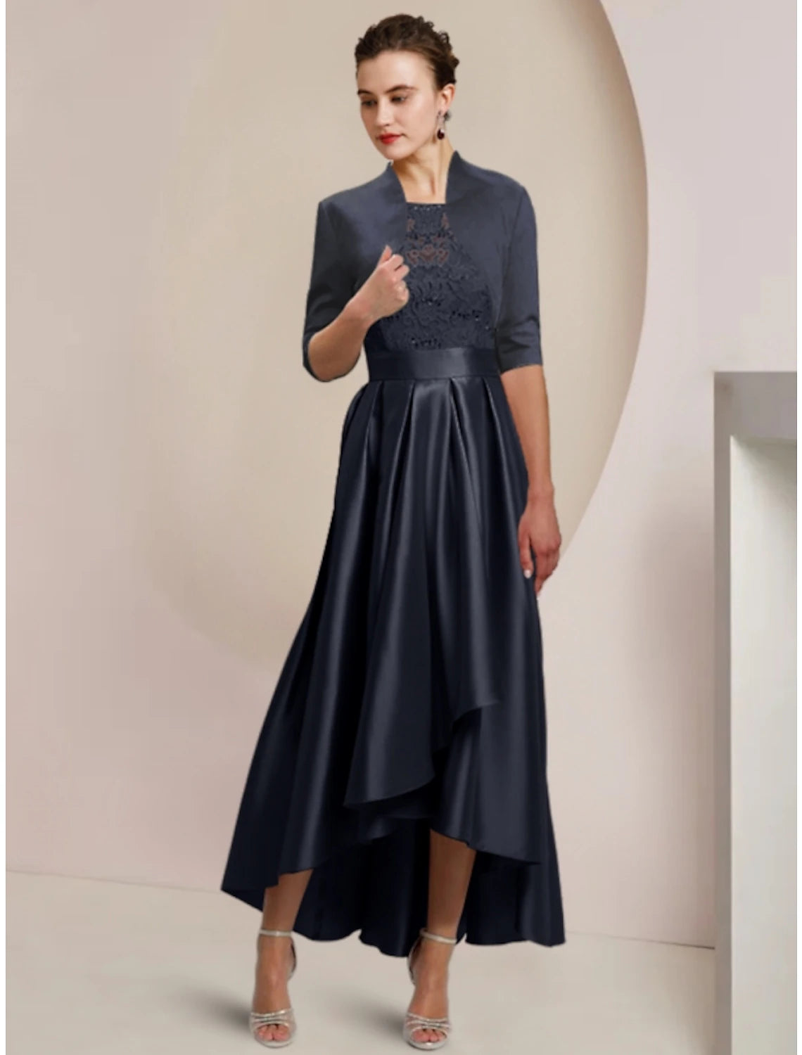 Sheath / Column Mother of the Bride Dress Wedding Guest Minimalist Elegant Scoop Neck Asymmetrical Ankle Length Satin Lace Half Sleeve with Pleats Solid Color 2023