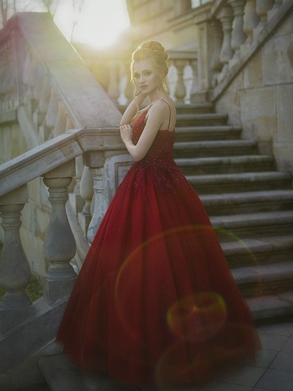 Ball Gown Tulle Spaghetti Straps Applique Sweep/Brush Train Sleeveless Dresses